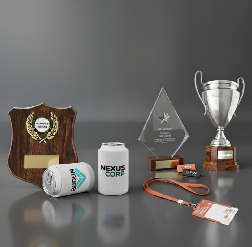 Collection of awards and promotional items including a trophy, plaque, and branded can on a gray background.