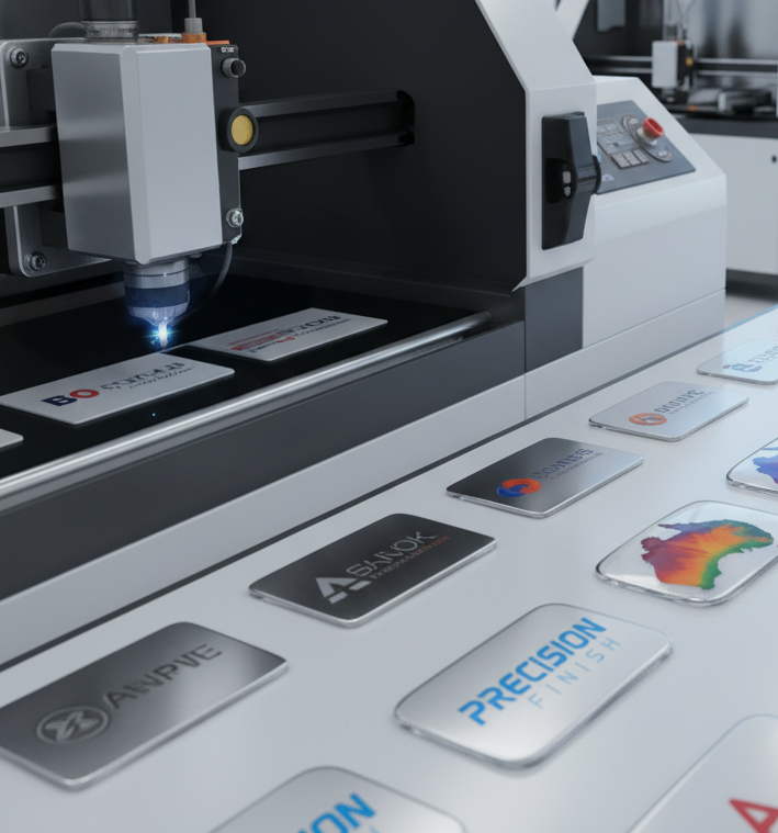 Laser cutting machine in operation with various branded metal plates.